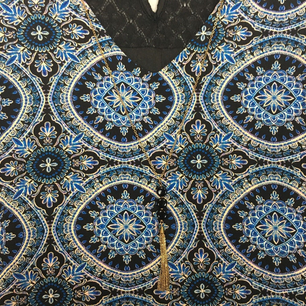 Lily Rose L Trapeze Dress Blue Black Geometric V-Neck Necklace‎ Sleeveless Lace - Picture 8 of 11